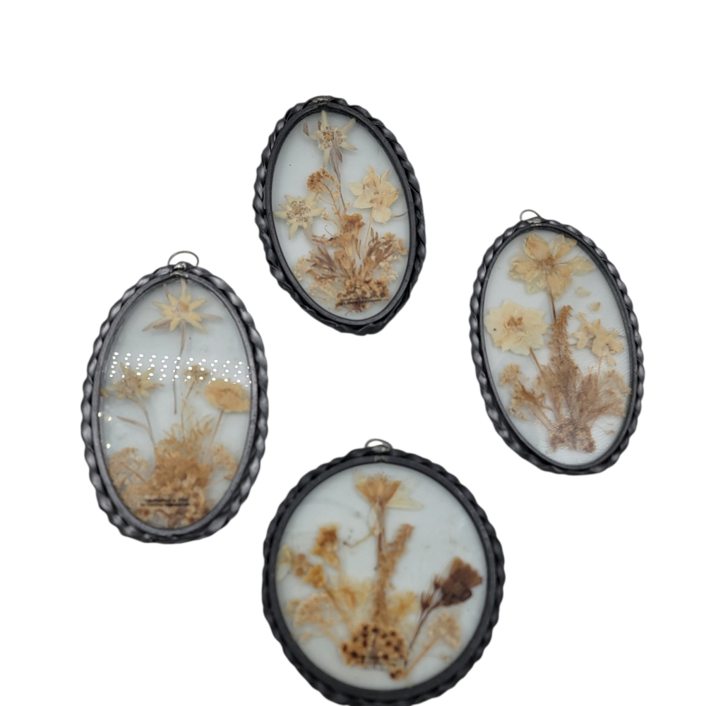 Vintage Pressed Flowers in Glass Oval Square Metal Frame Suncatchers lot of 4